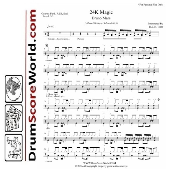 Bruno Mars - 24K Magic | Drum Sheet + Play-Along Track